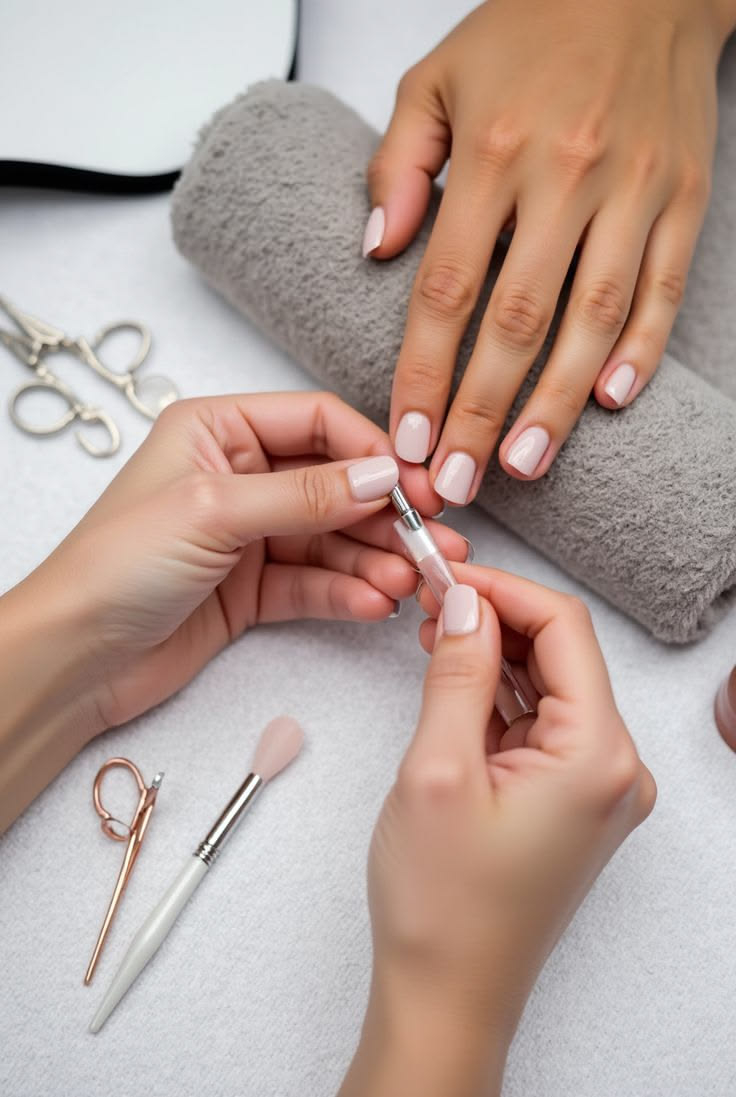 Hygienic nail care routine with sanitized scissors and brush at safe nail salon with hygienic tools