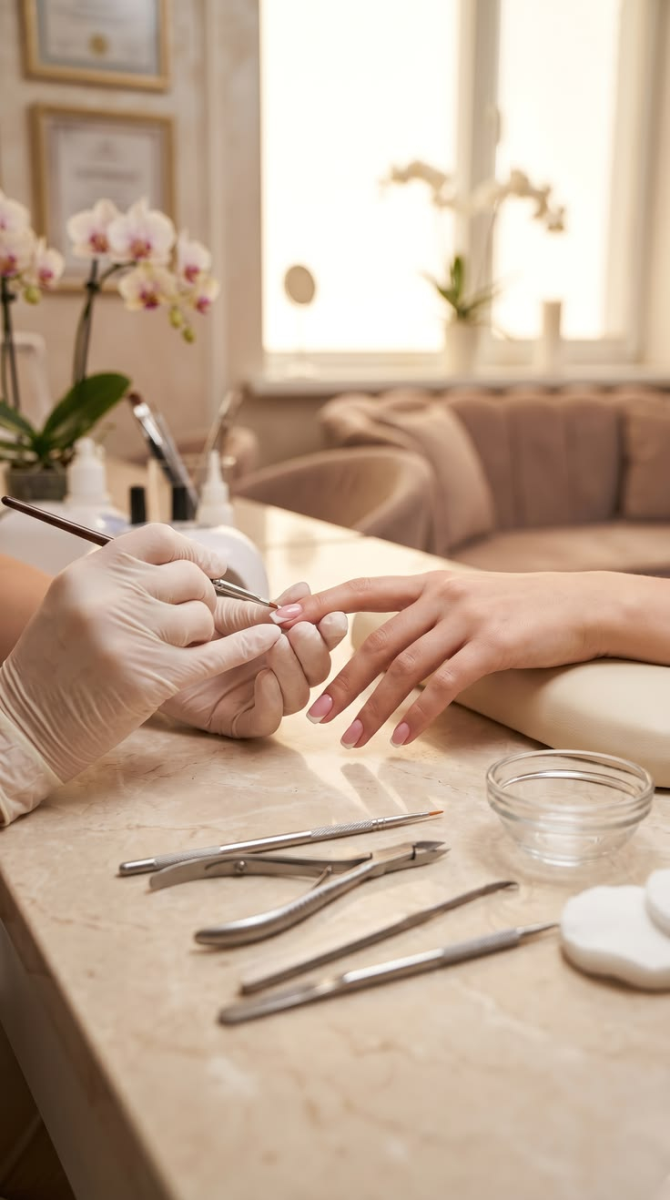 Sterilized metal clippers and gloves at a safe nail salon with hygienic tools in Toronto