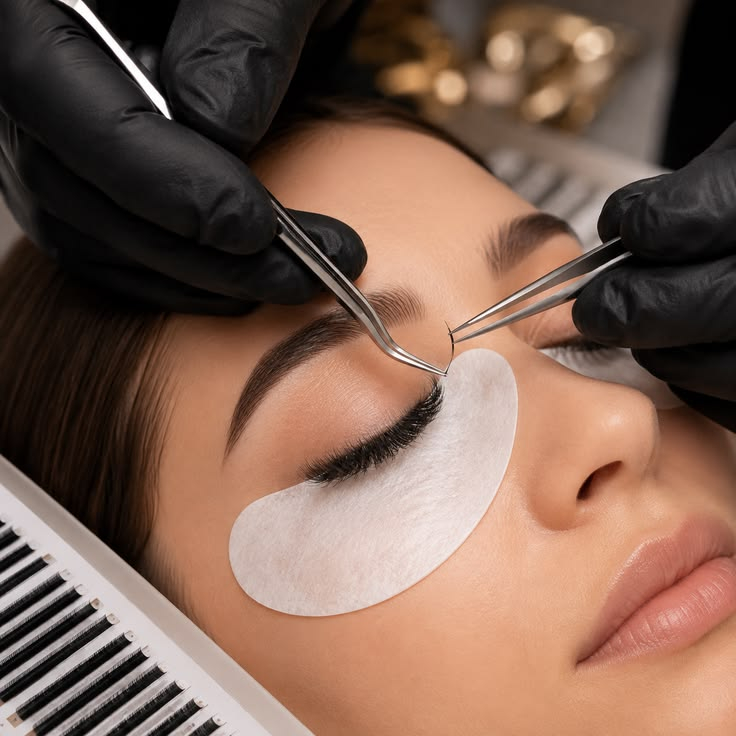 Professional technician crafting a lightweight hybrid lash full set Etobicoke with soothing eye pads