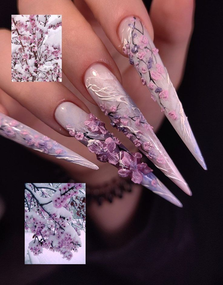 Intricate 3D nail art Sherway Gardens Mall featuring sculpted pink cherry blossoms on stiletto nails